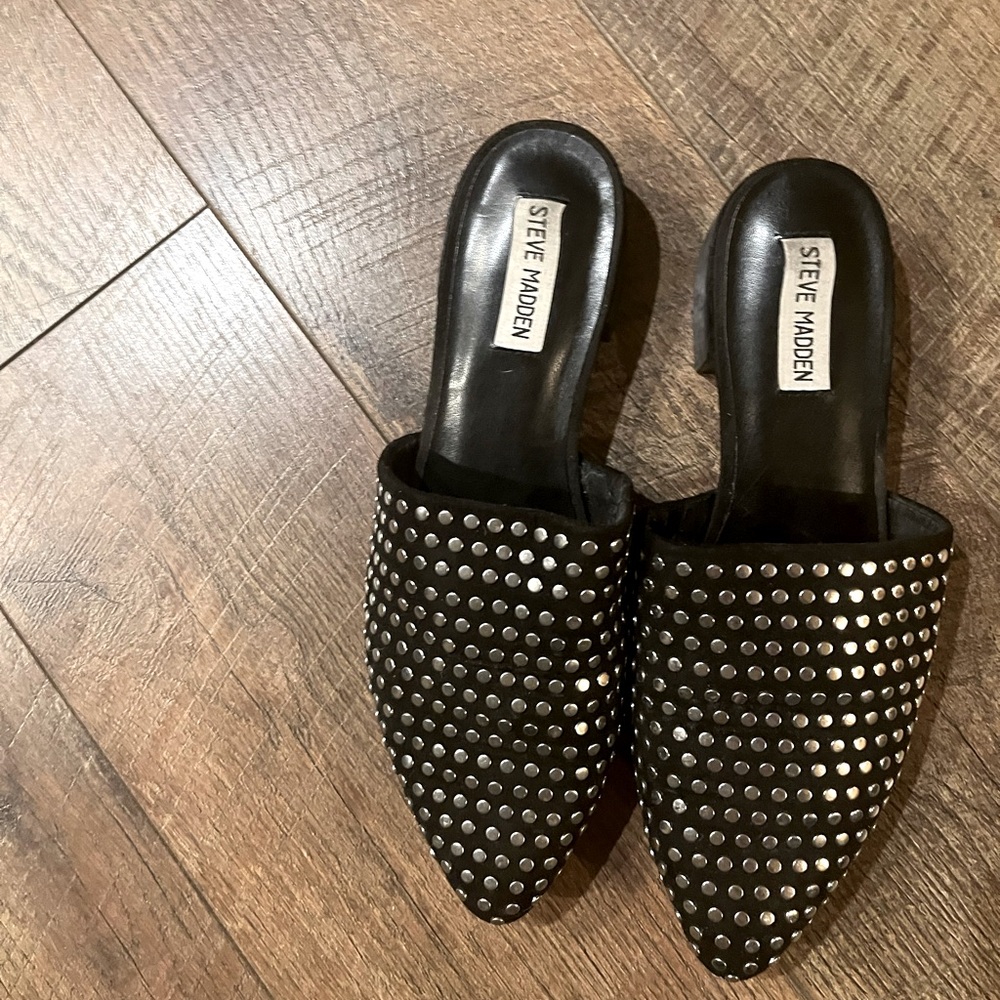 Steve Madden silver studded black mules size 10